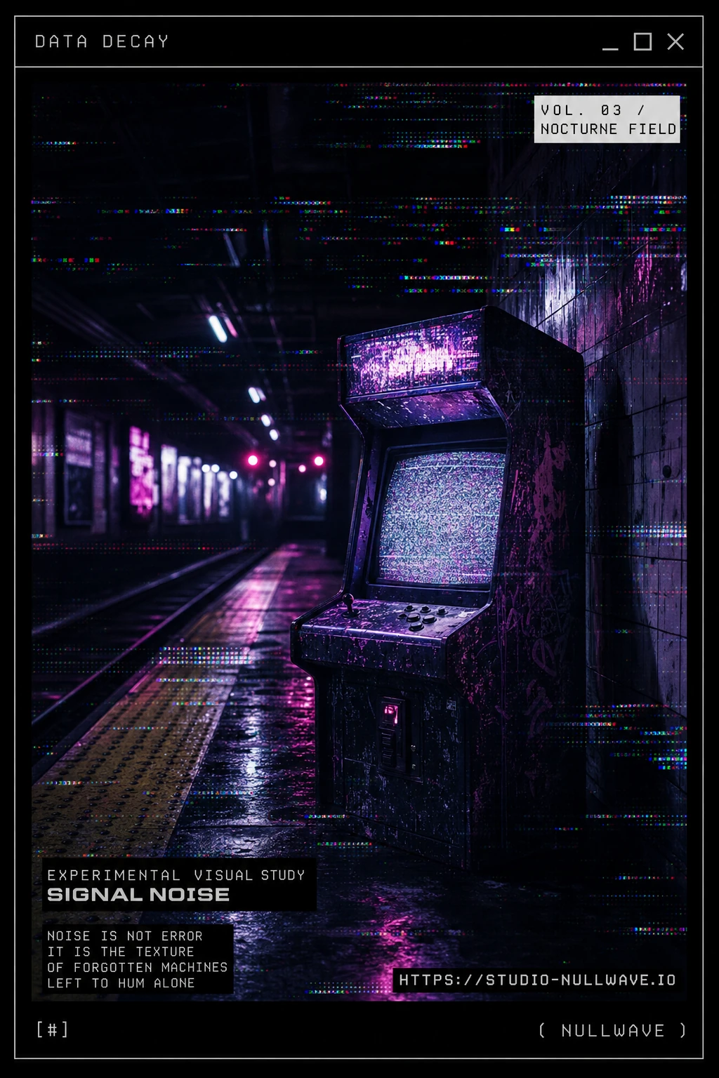 A moody cyberpunk poster featuring an abandoned arcade cabinet in a neon-lit subway, framed by a window-style UI border and glitch overlays.