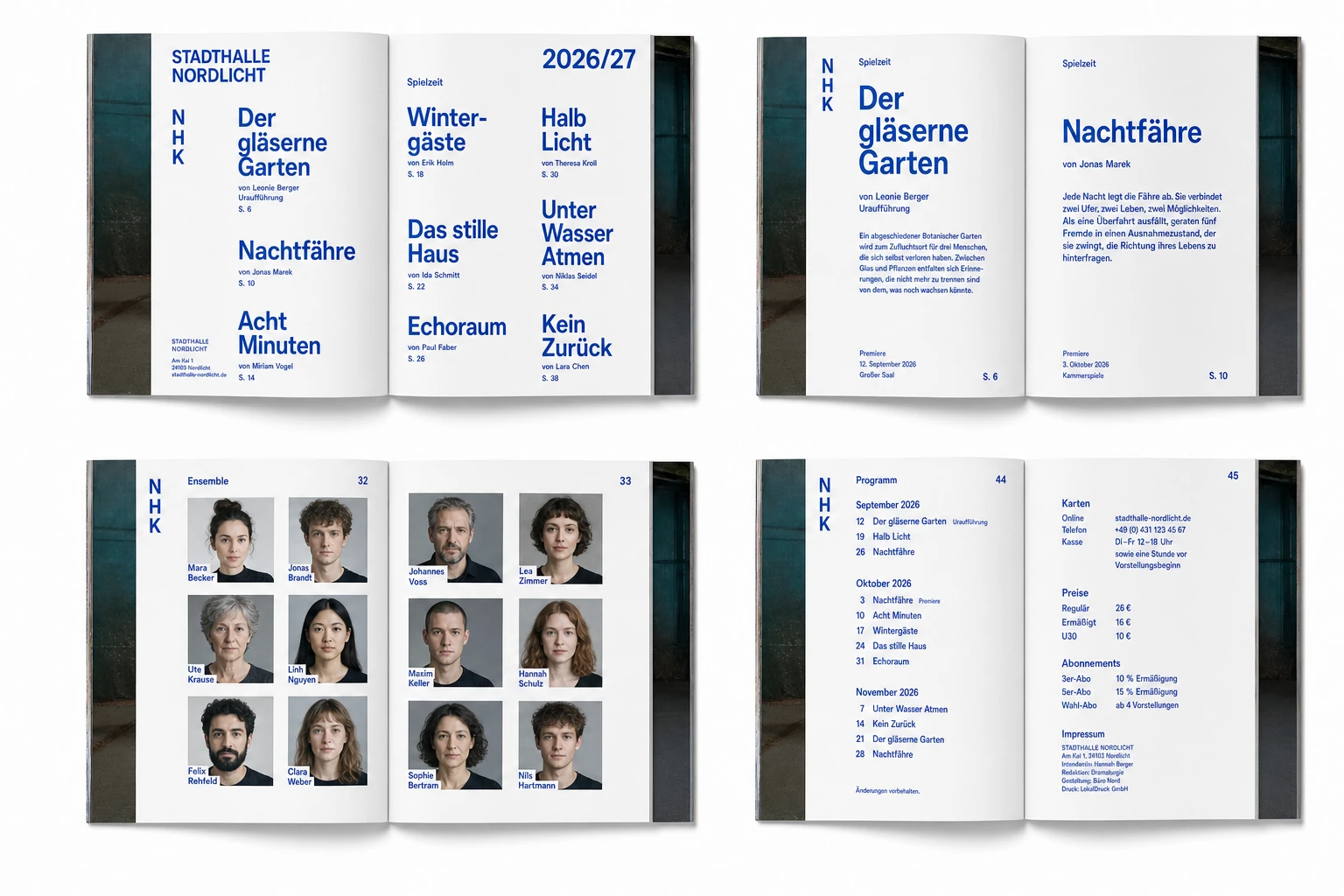 A set of open-spread mockups of a minimalist theater season program booklet, photographed flat on a neutral surface.