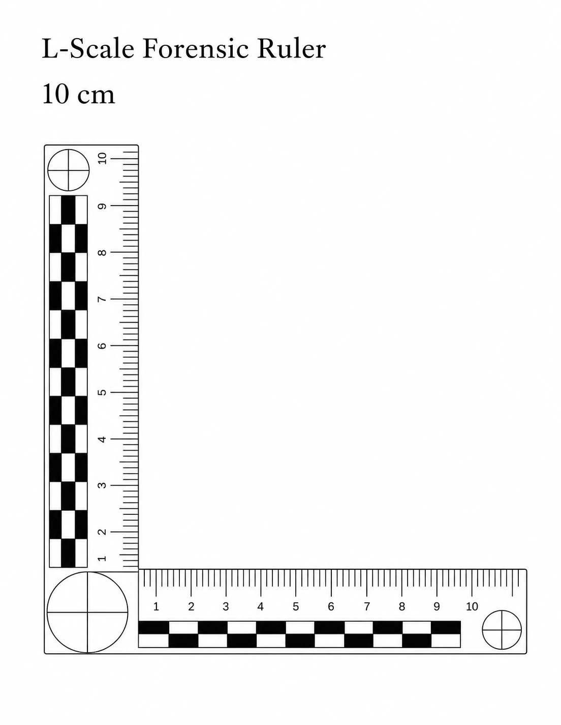 A clean black-and-white L-shaped forensic measurement scale with checkerboard calibration bars, tick gradations, and crosshair circles.