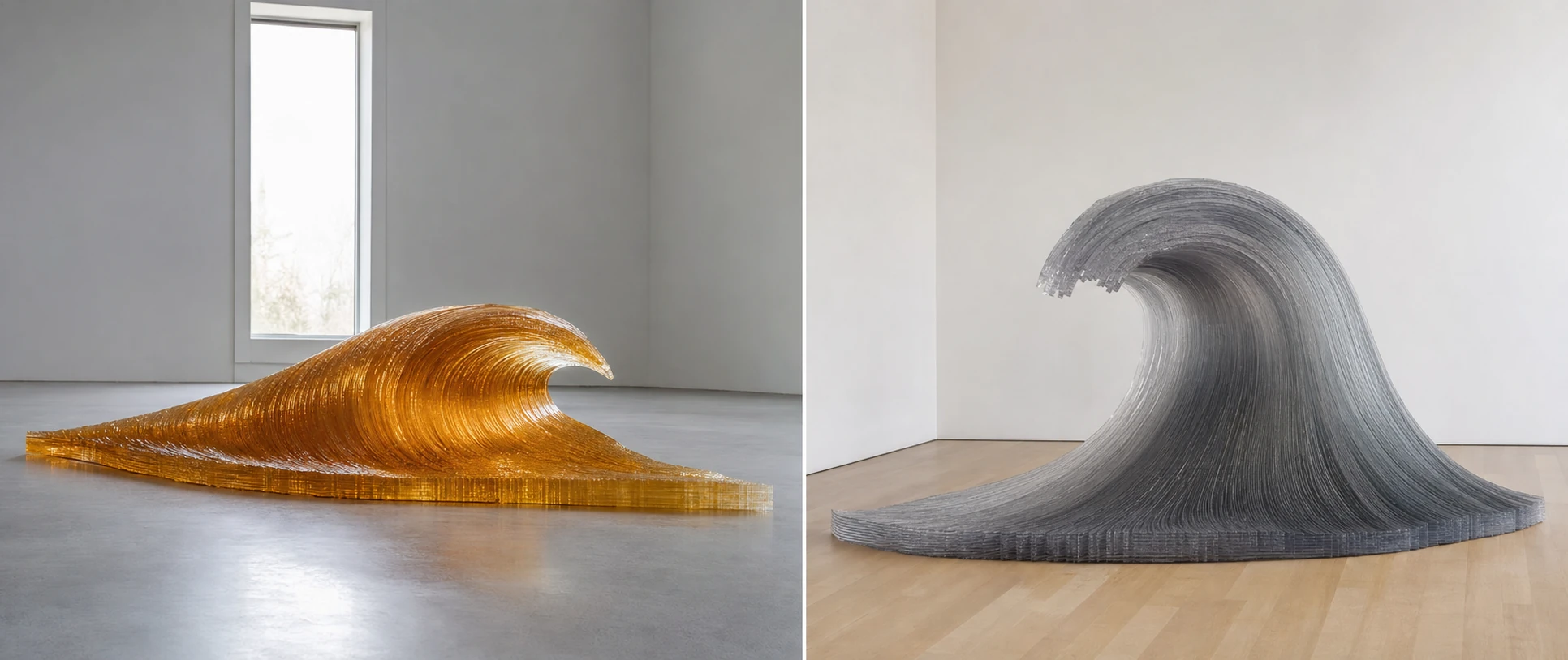 A diptych of large-scale sculptural ocean waves rendered from layered translucent and metallic materials, displayed in minimal gallery interiors.