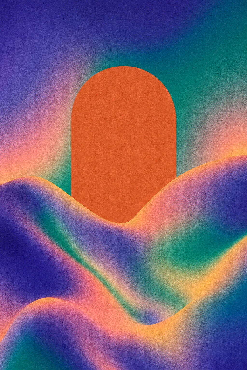 A solid orange arch-shaped form rises behind softly undulating iridescent gradient hills under a vibrant multicolor sky.