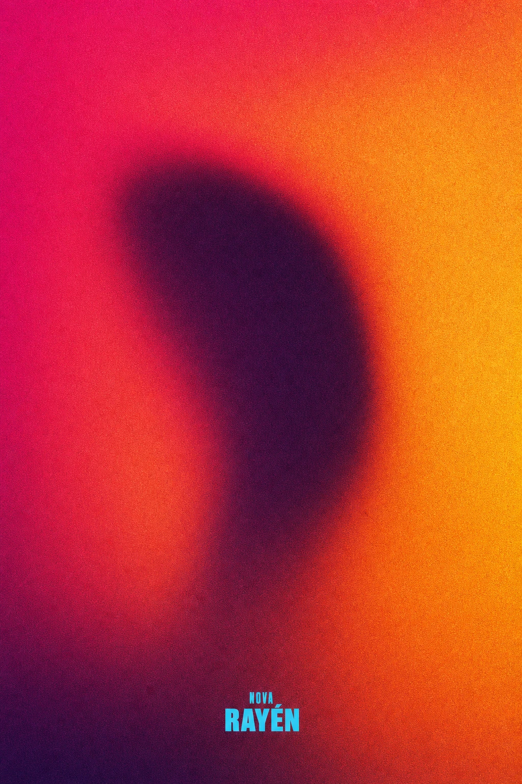 A minimalist poster featuring a soft dark organic blob silhouette over a vivid warm gradient with small contrasting text at the bottom.