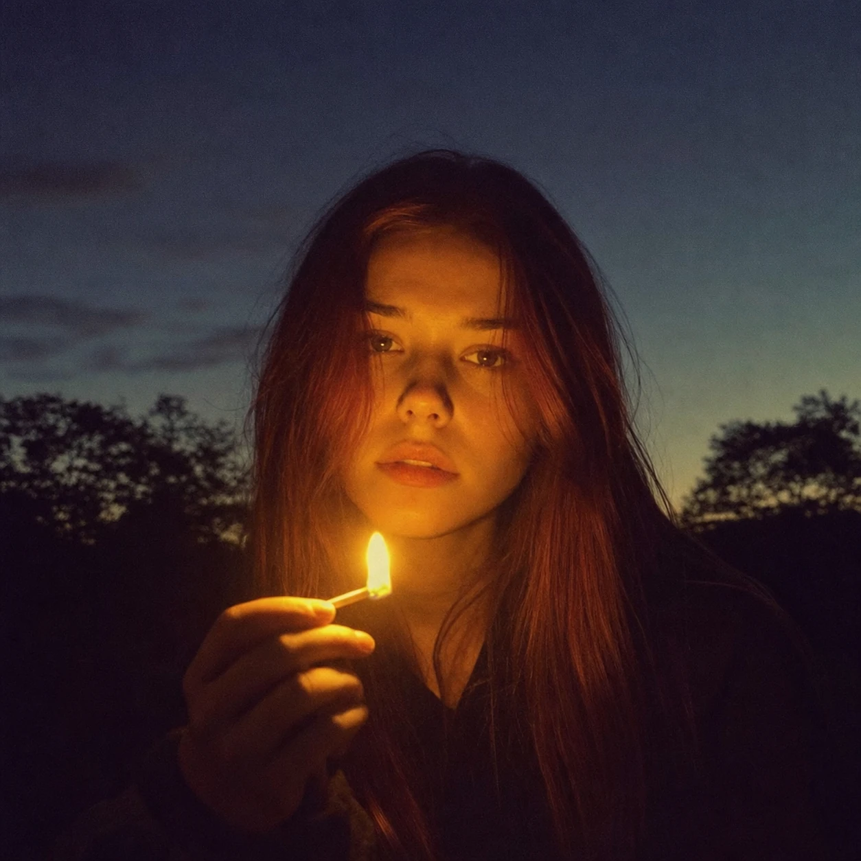 A young person at twilight holding a lit match that warmly illuminates their face against a deep blue dusk sky.