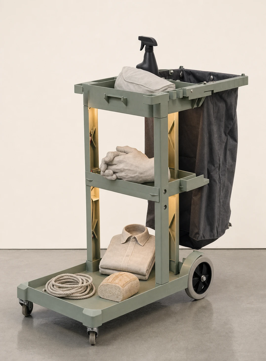 A gallery-style photograph of a utilitarian janitorial cart staged with pale stone-cast sculptures of everyday objects on its shelves.
