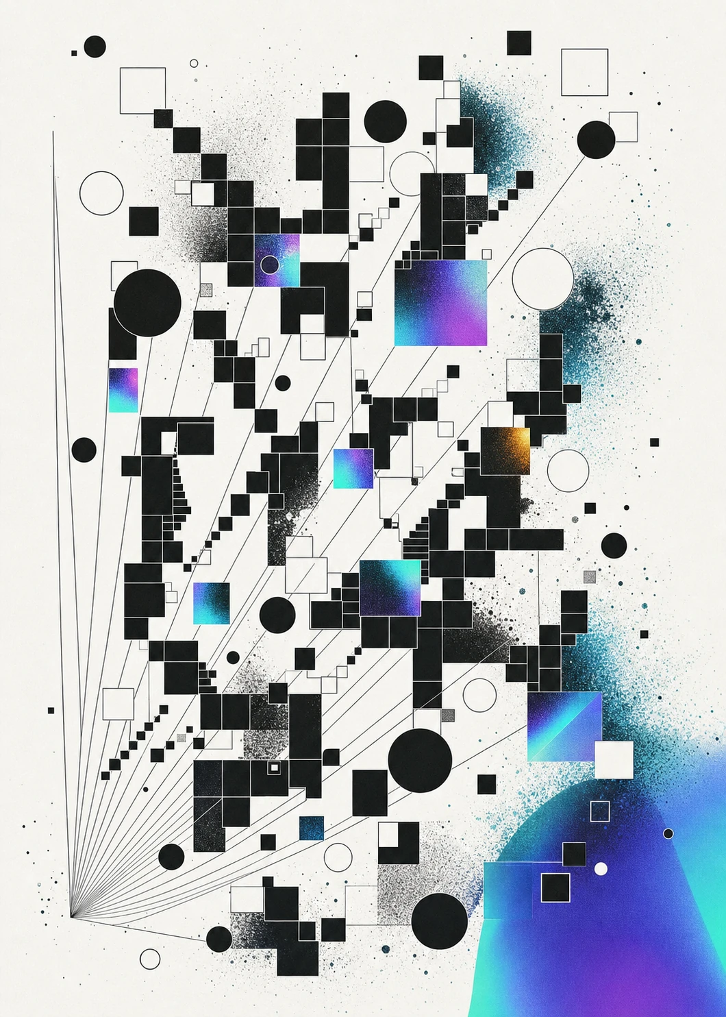 An abstract generative composition of scattered black squares and circles interspersed with iridescent gradient accents and radiating fan lines on an off-white 