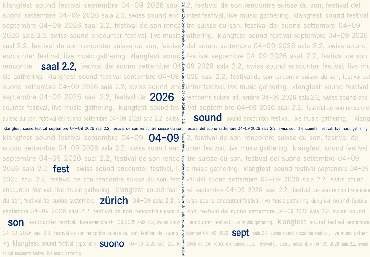 A typographic poster densely filled with repeating multilingual festival text in muted blue on cream, with a few key words emphasized in bold.