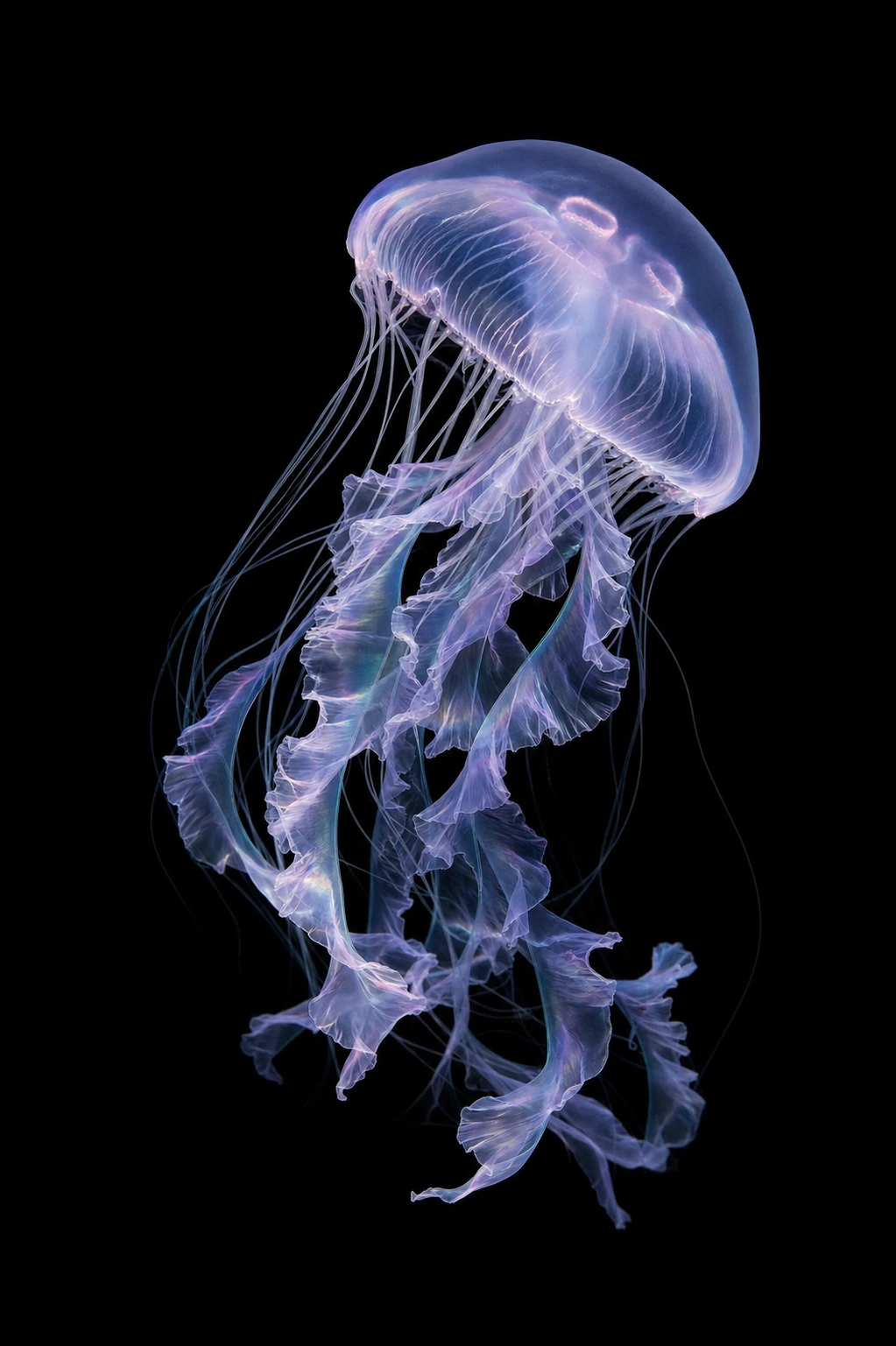 A luminous translucent jellyfish suspended against a pitch-black background, its bell glowing and ruffled tentacles trailing downward.