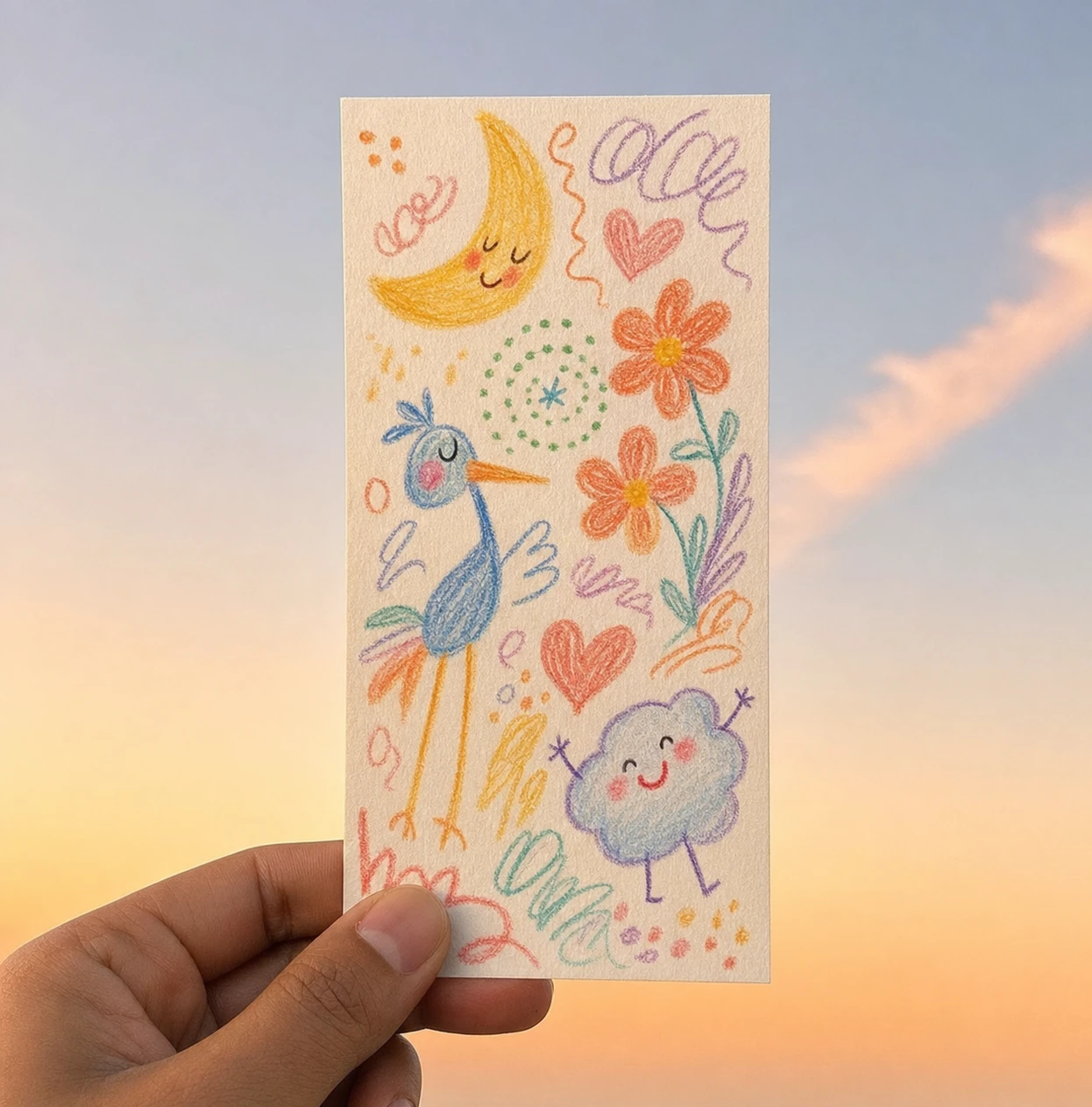 A hand holds up a small crayon-doodled card filled with whimsical characters against a soft sunset sky.