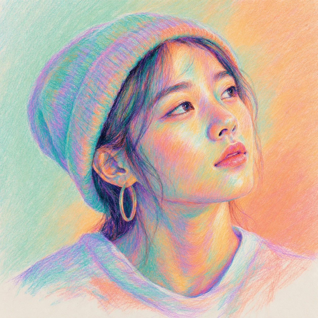 A pastel colored-pencil portrait of a young woman in a slouchy beanie gazing upward, rendered with luminous multicolor shading.