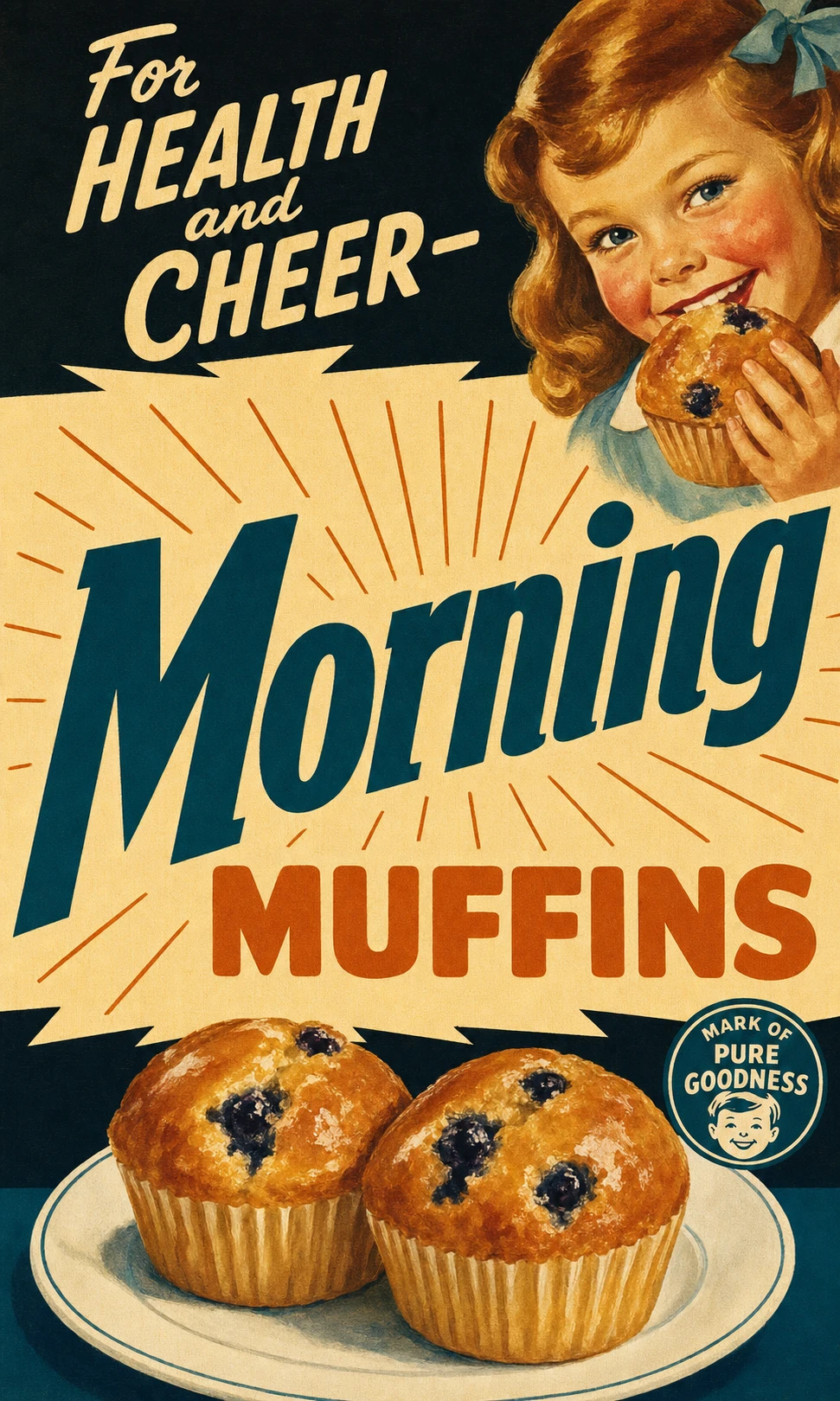 A vintage mid-century advertising poster for breakfast muffins featuring a smiling child and a hero food product.
