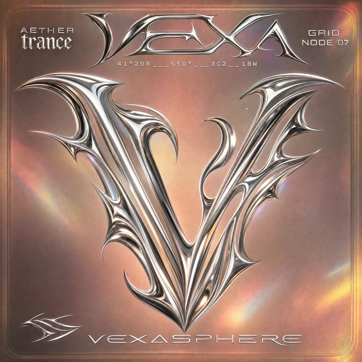 A chrome liquid-metal hero letterform poster with Y2K cyber-sigil styling on a warm iridescent gradient.