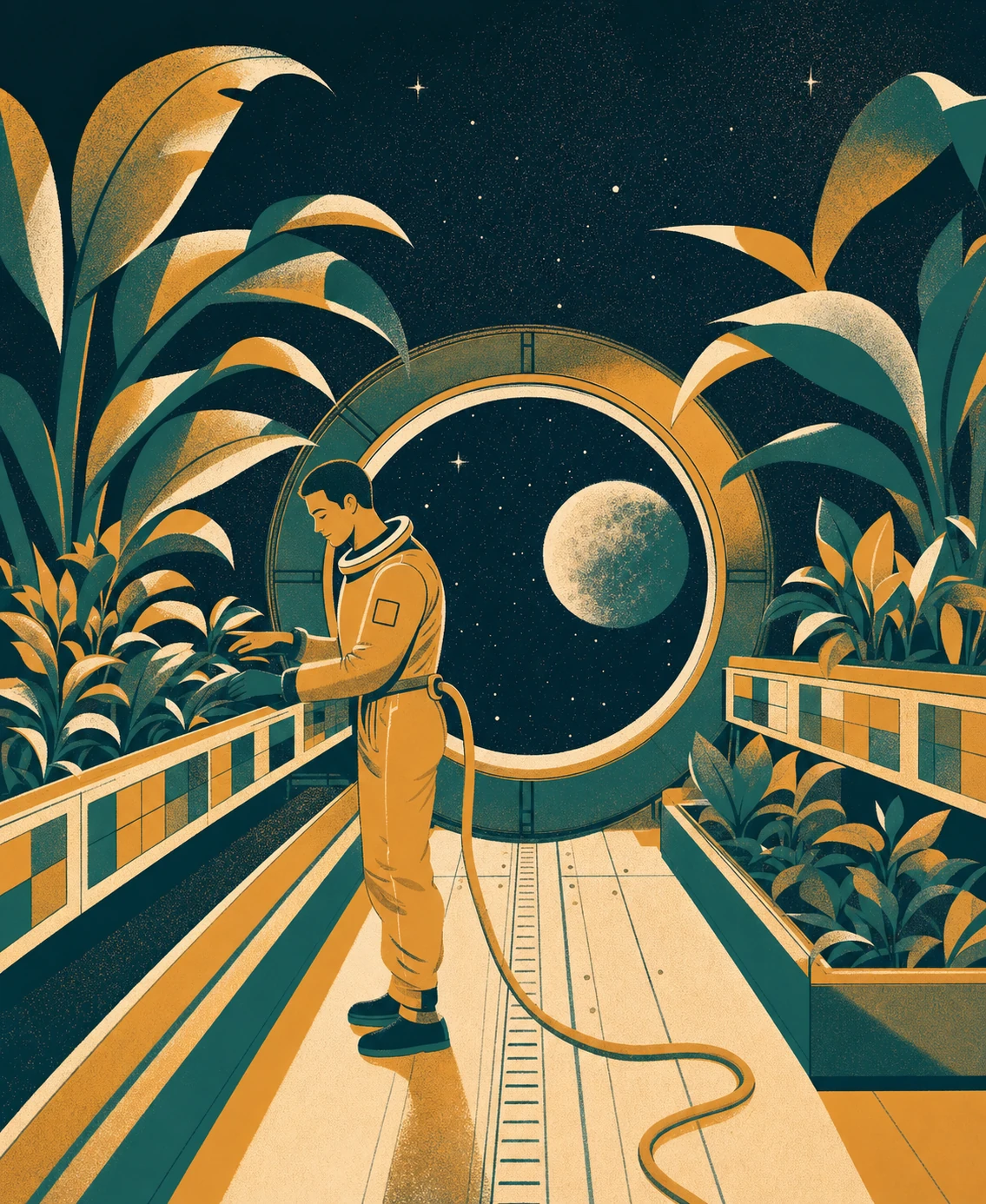 A retro-stylized illustration of an astronaut tending lush plants inside a space greenhouse with a large round window framing a moon and stars.