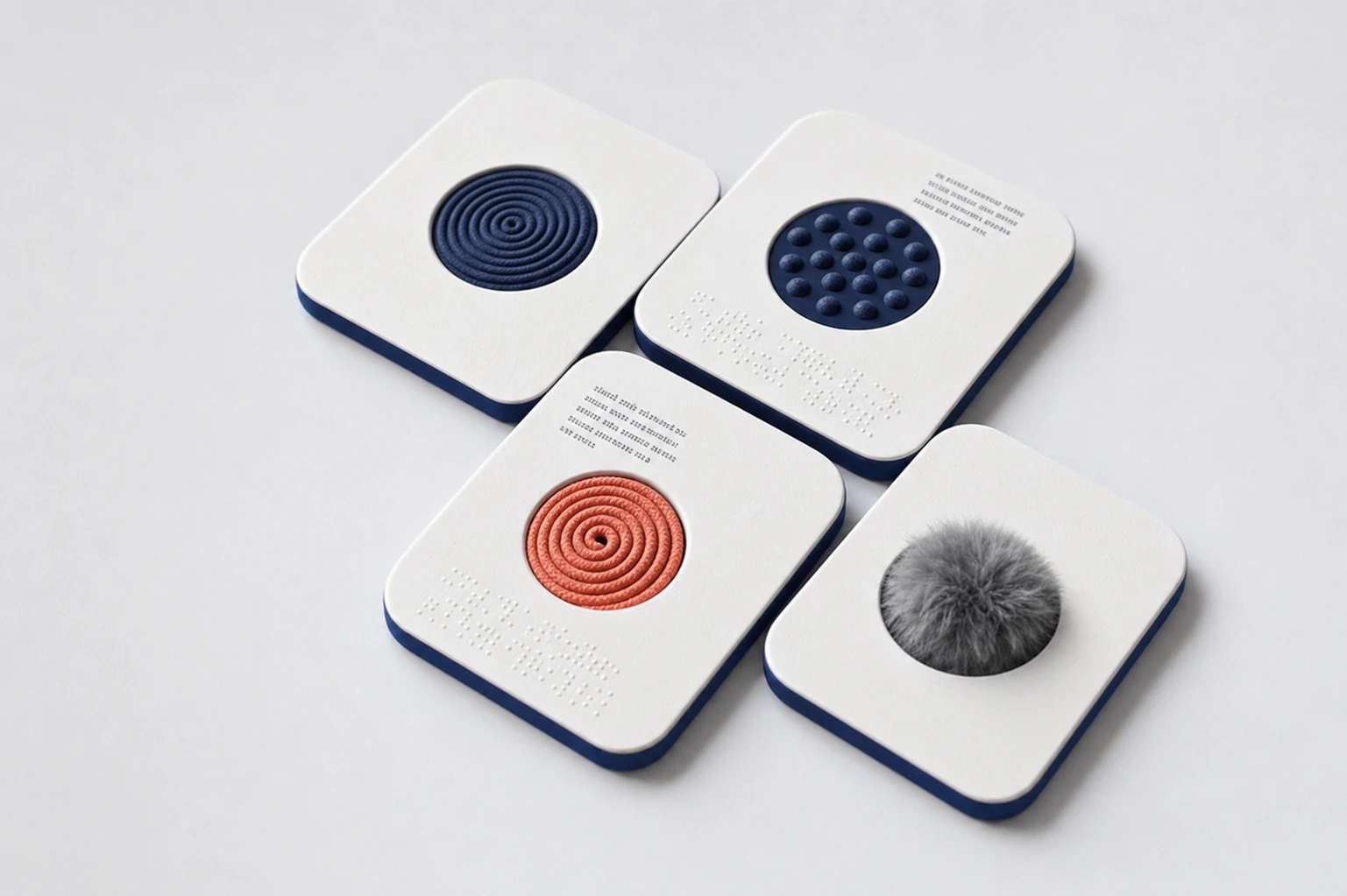 A set of four rounded-square tactile cards arranged in a loose diamond on a soft neutral surface, each featuring a different textured circular insert.
