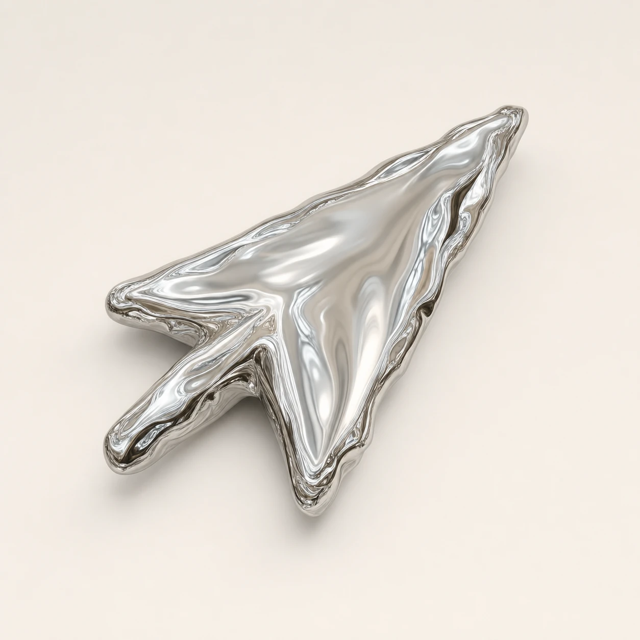 A glossy liquid-chrome cursor arrow rendered as a sculptural 3D object on a soft cream backdrop.