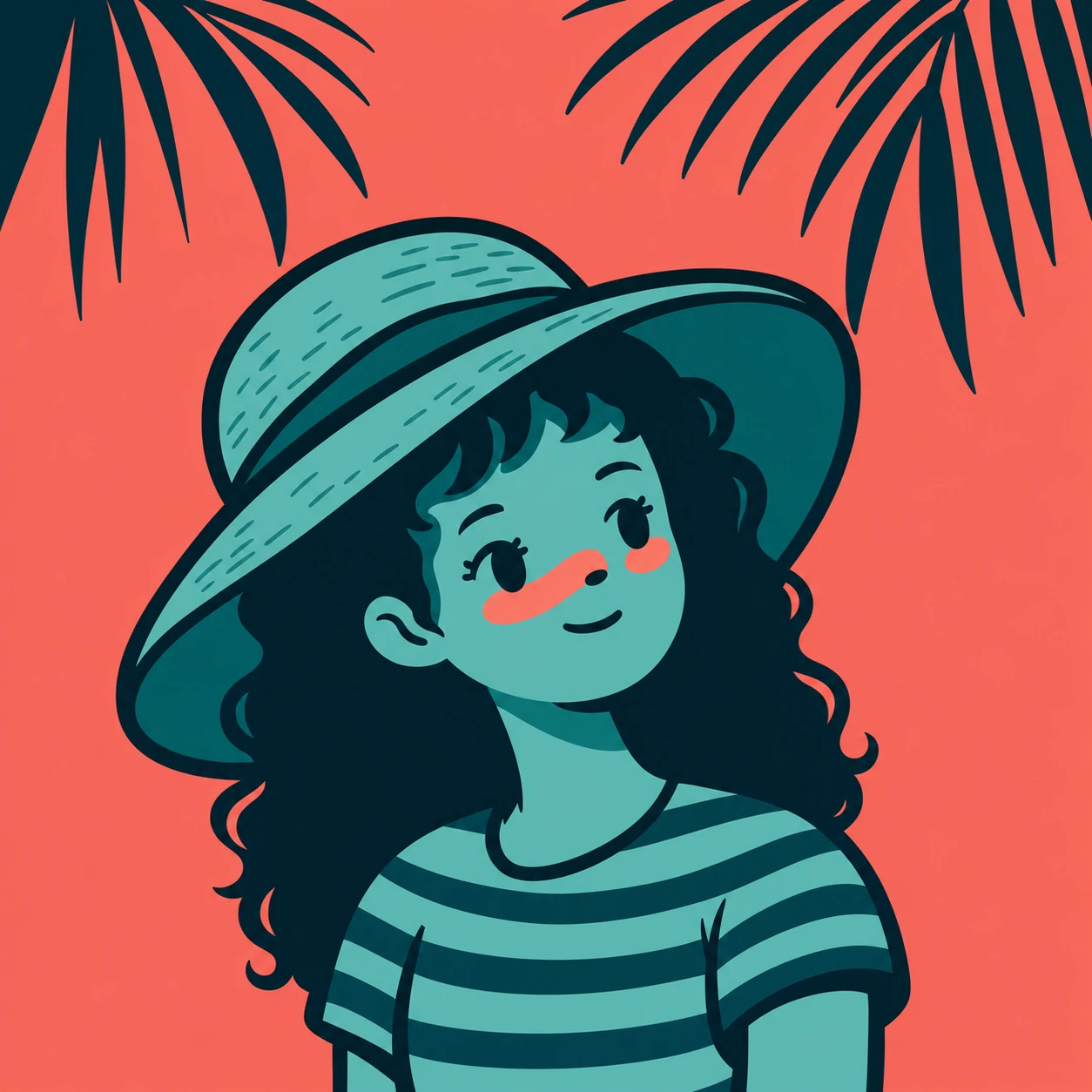 A flat vector portrait of a smiling young woman in a sun hat, framed by tropical palm fronds against a warm coral background.