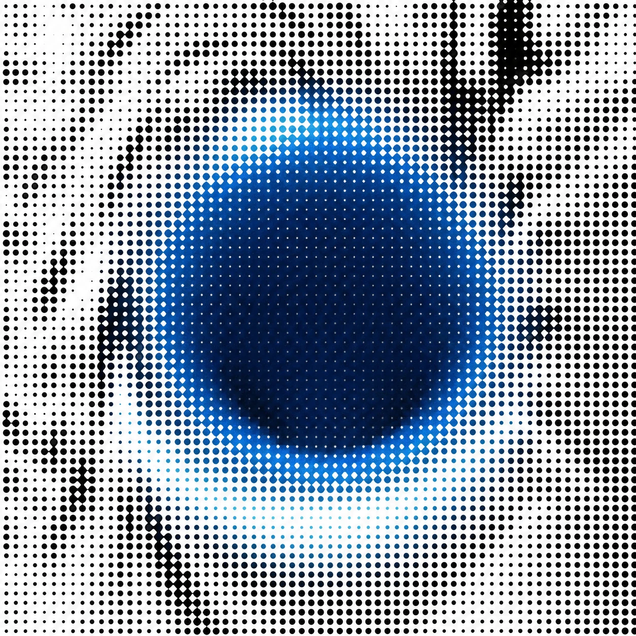 A halftone-dot abstract composition with a glowing blue orb centered on a black-and-white dotted field.