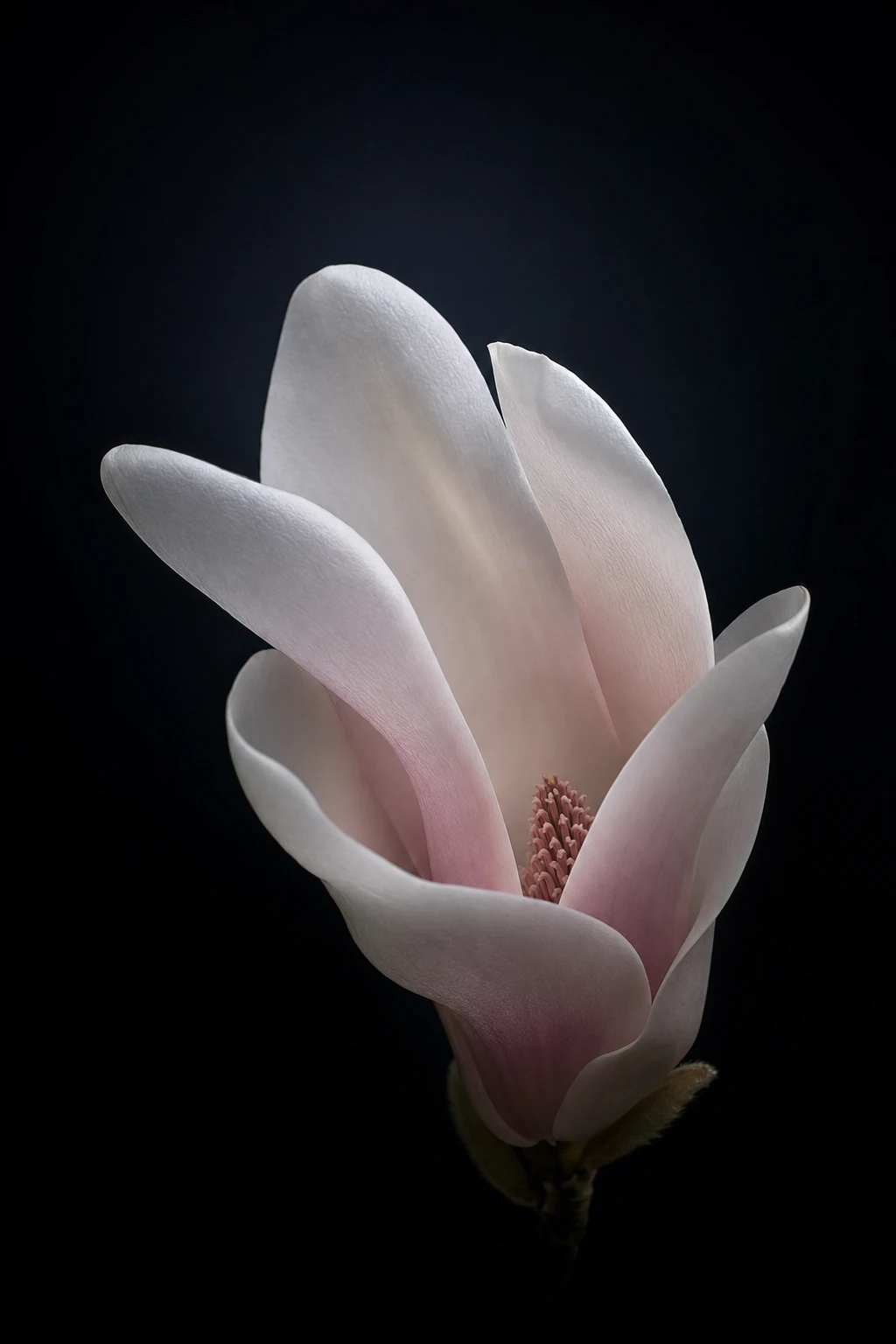 A fine-art macro photograph of a single blooming magnesia/magnolia flower glowing against deep darkness.