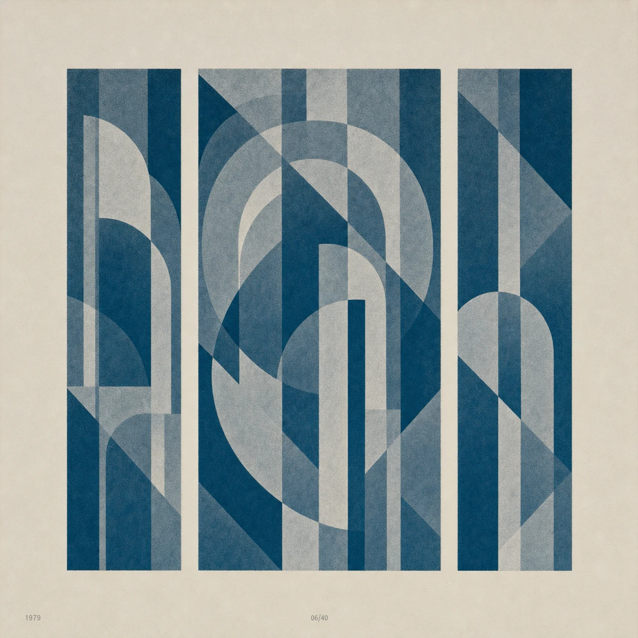 A geometric abstract triptych composed of overlapping arcs, stripes, and angular shapes rendered in muted blues on cream paper.