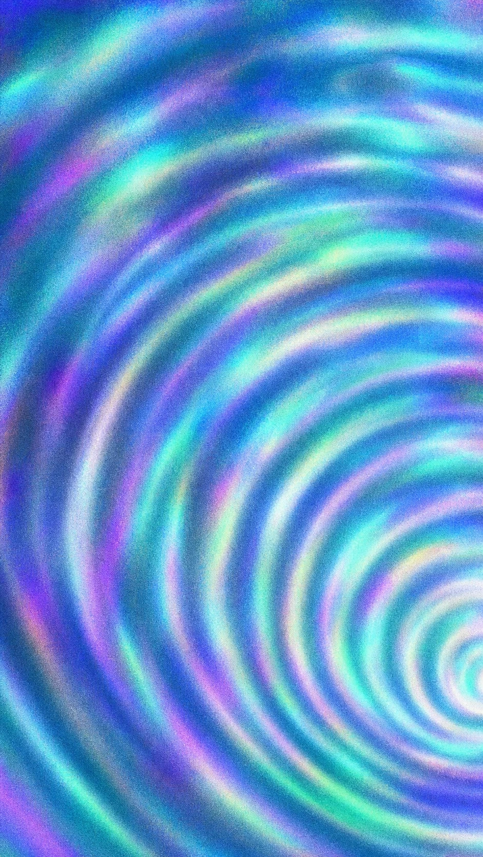 An abstract iridescent spiral vortex rendered in soft holographic blues, greens, and purples with a fine grainy texture.