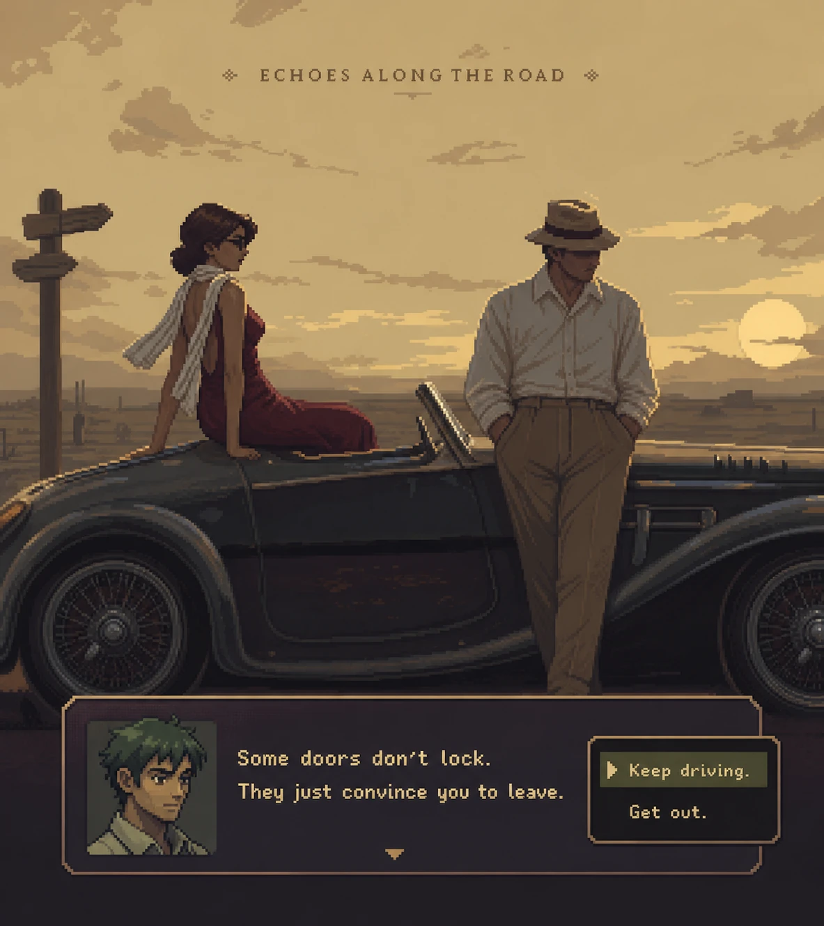 A cinematic pixel-art visual-novel scene of two figures by a vintage convertible at sunset, framed with a title header and a dialogue/choice box overlay.