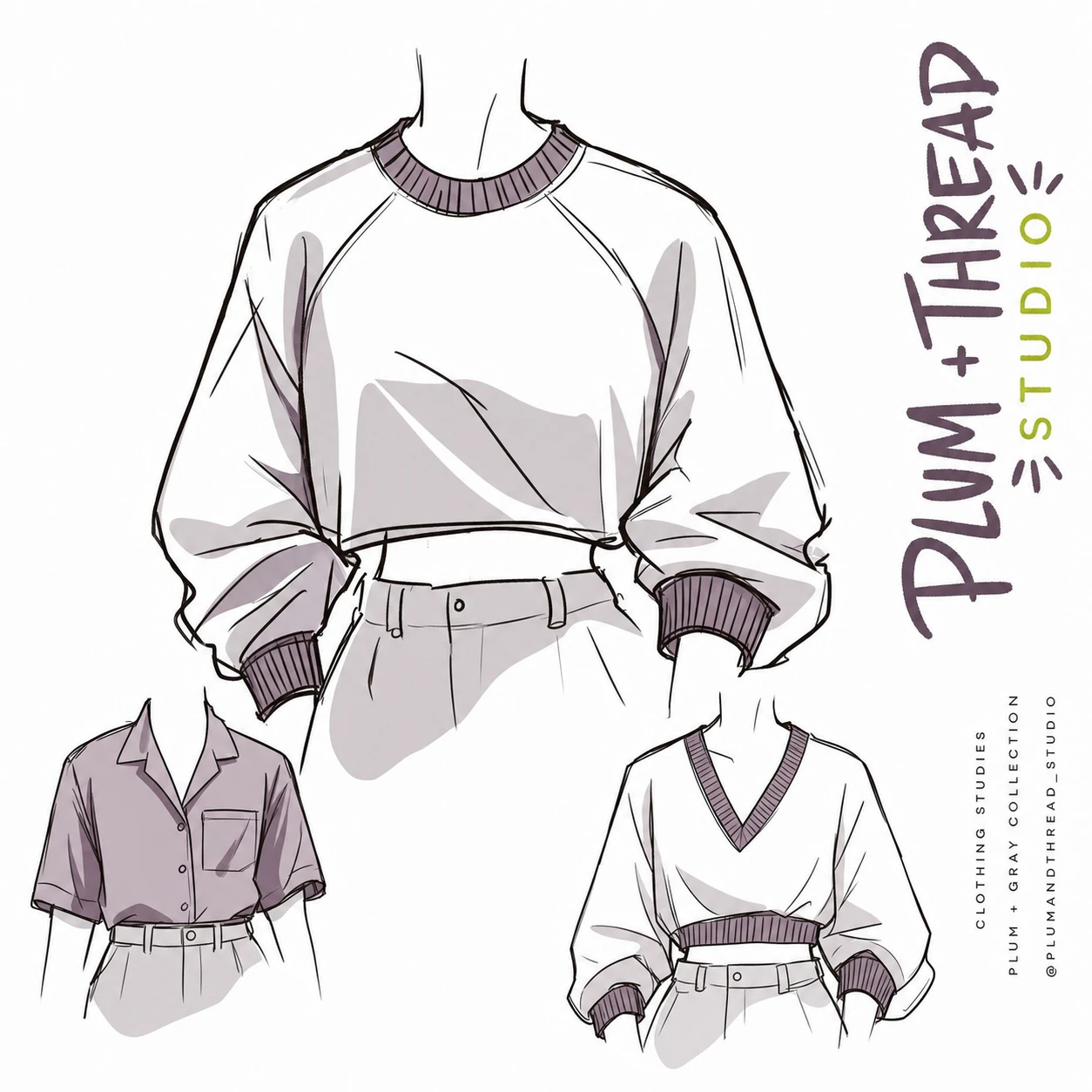 A fashion sketch sheet showing three garment studies rendered in loose ink linework with soft plum-gray shading on a white background.