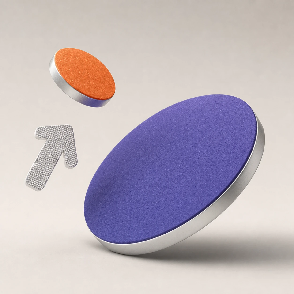 A 3D-rendered composition of two floating disc tokens and an arrow icon with brushed-metal edges and matte textured faces on a soft neutral backdrop.