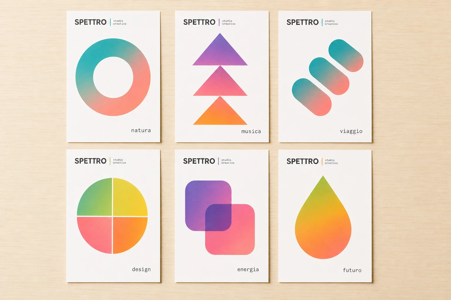 A series of minimalist branding cards, each featuring a single gradient geometric symbol with a consistent header logo and lower-corner label.