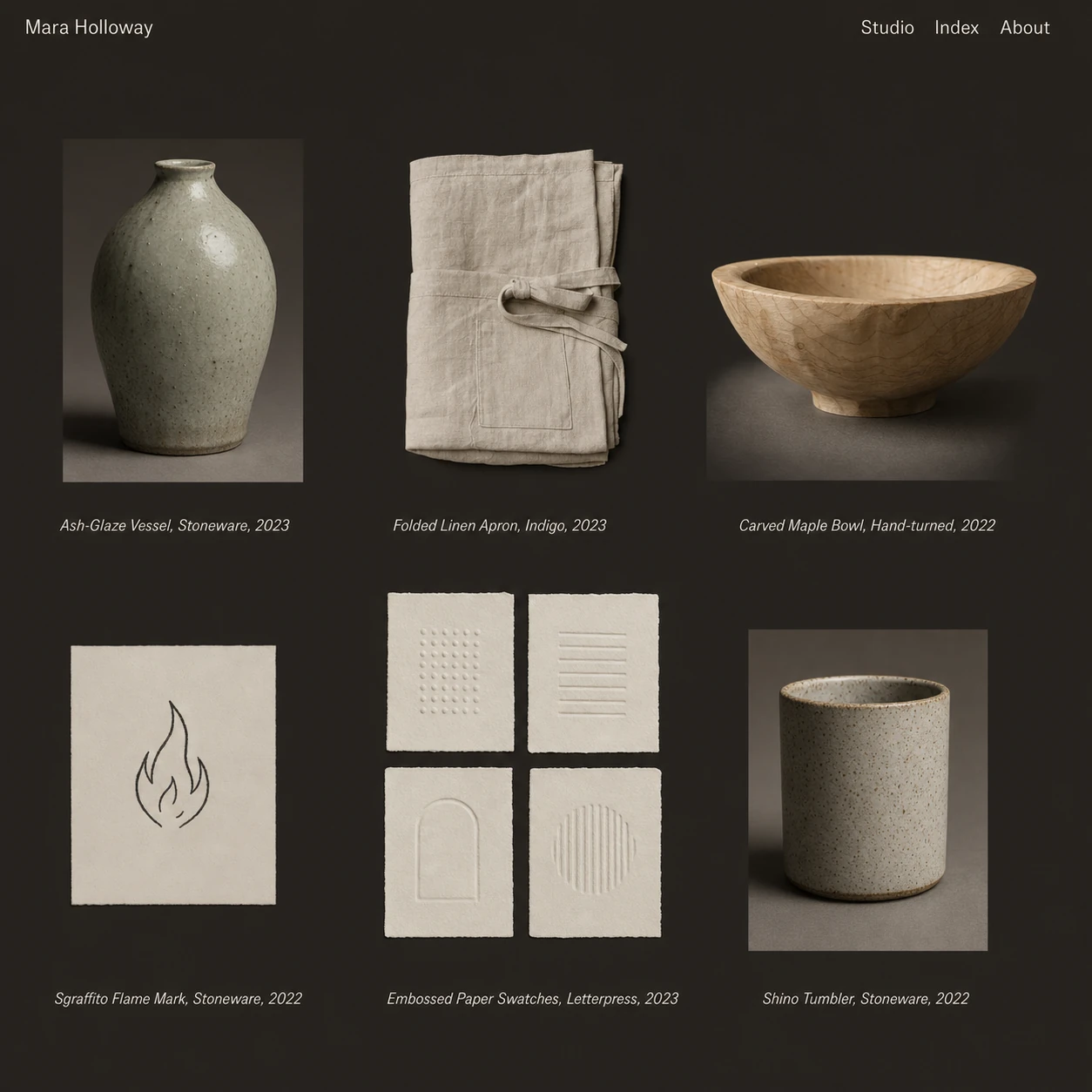 A minimalist artisan portfolio webpage displaying a grid of handcraft objects with quiet captions on a dark warm-brown background.