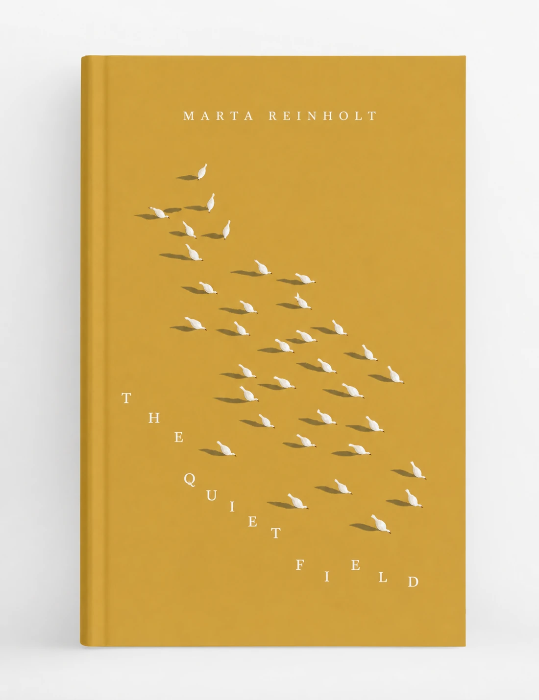 A minimalist literary book cover featuring a diagonal flock of small white birds casting long shadows across a warm mustard-yellow field.