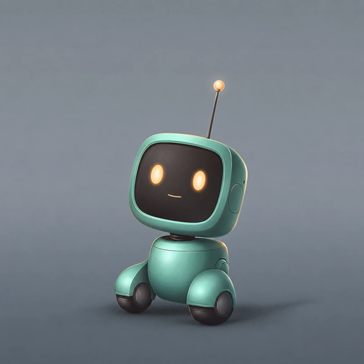 A cute small wheeled robot mascot with a glowing smiling screen-face, rendered in a soft 3D style against a plain gray backdrop.