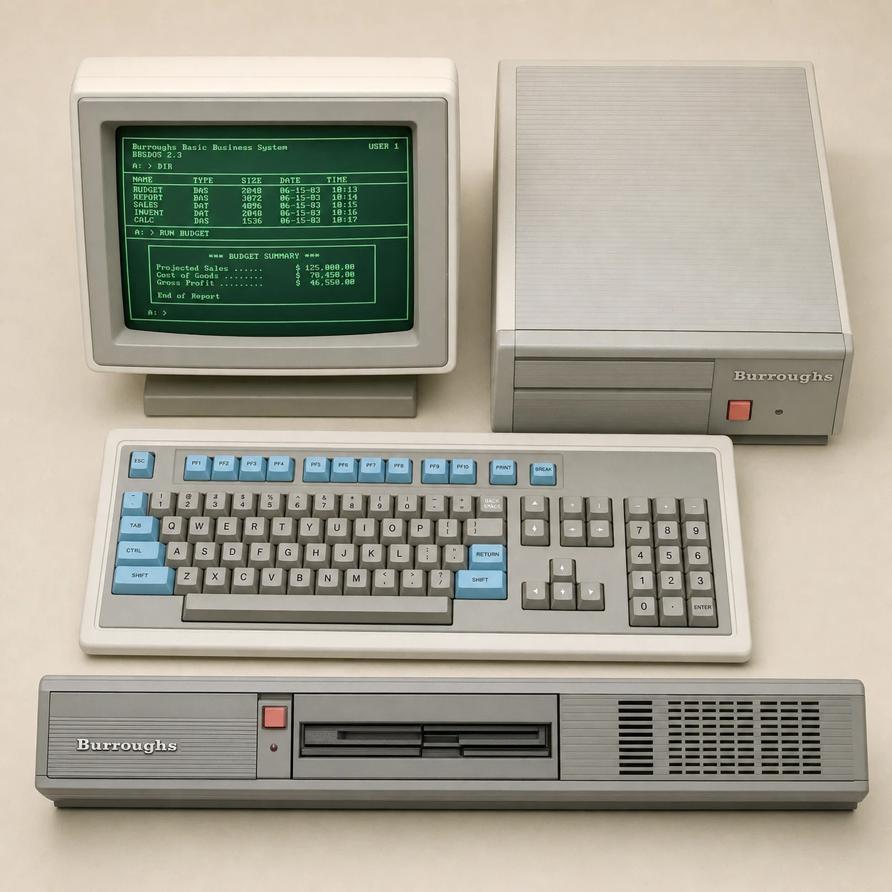 A clean studio product photograph of a complete vintage 1980s beige desktop computer system arranged on a neutral surface.