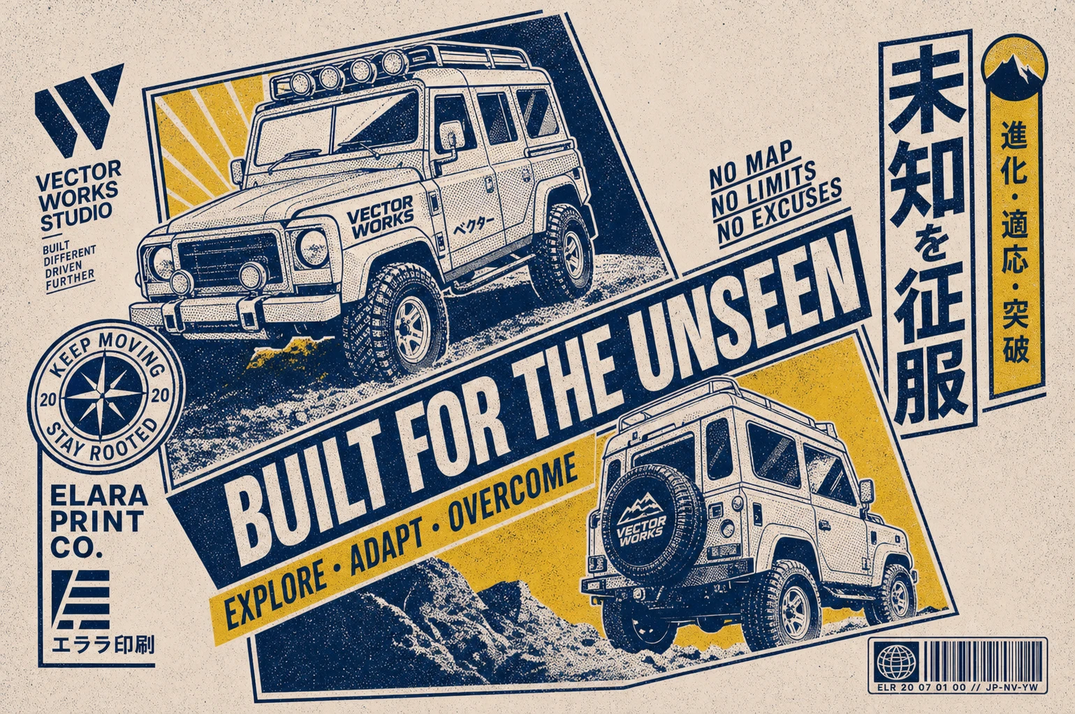 A retro-styled adventure poster featuring a rugged off-road vehicle in dual angles with bold slogans and Japanese-influenced graphic accents.
