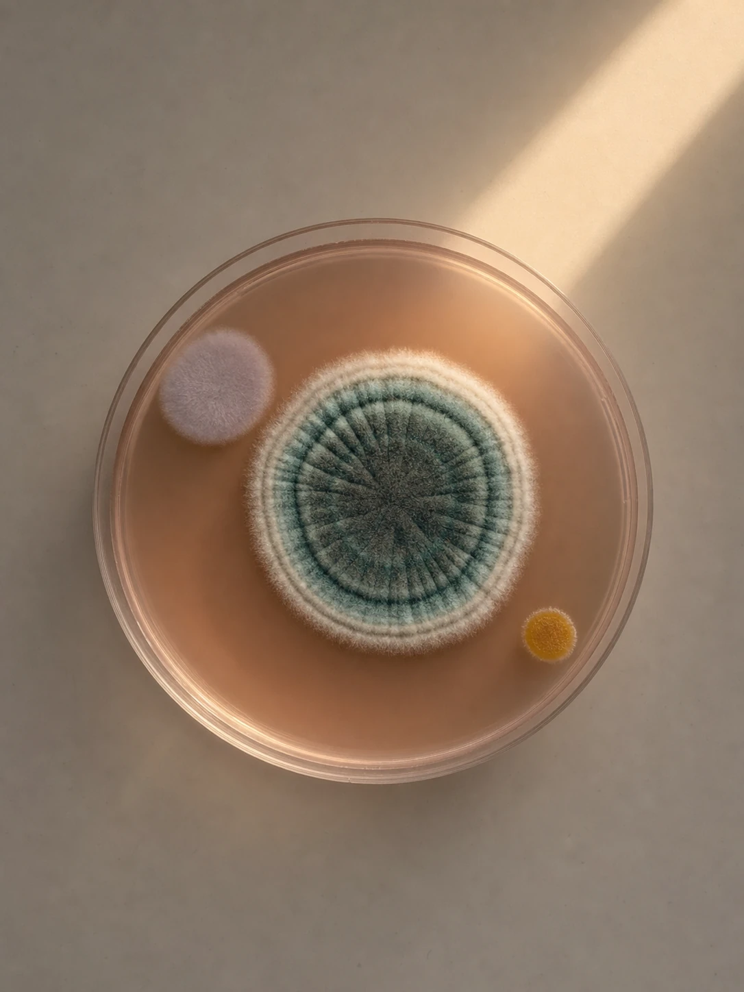A top-down macro photograph of mold colonies growing in a petri dish on a neutral surface, lit by a soft diagonal beam of light.