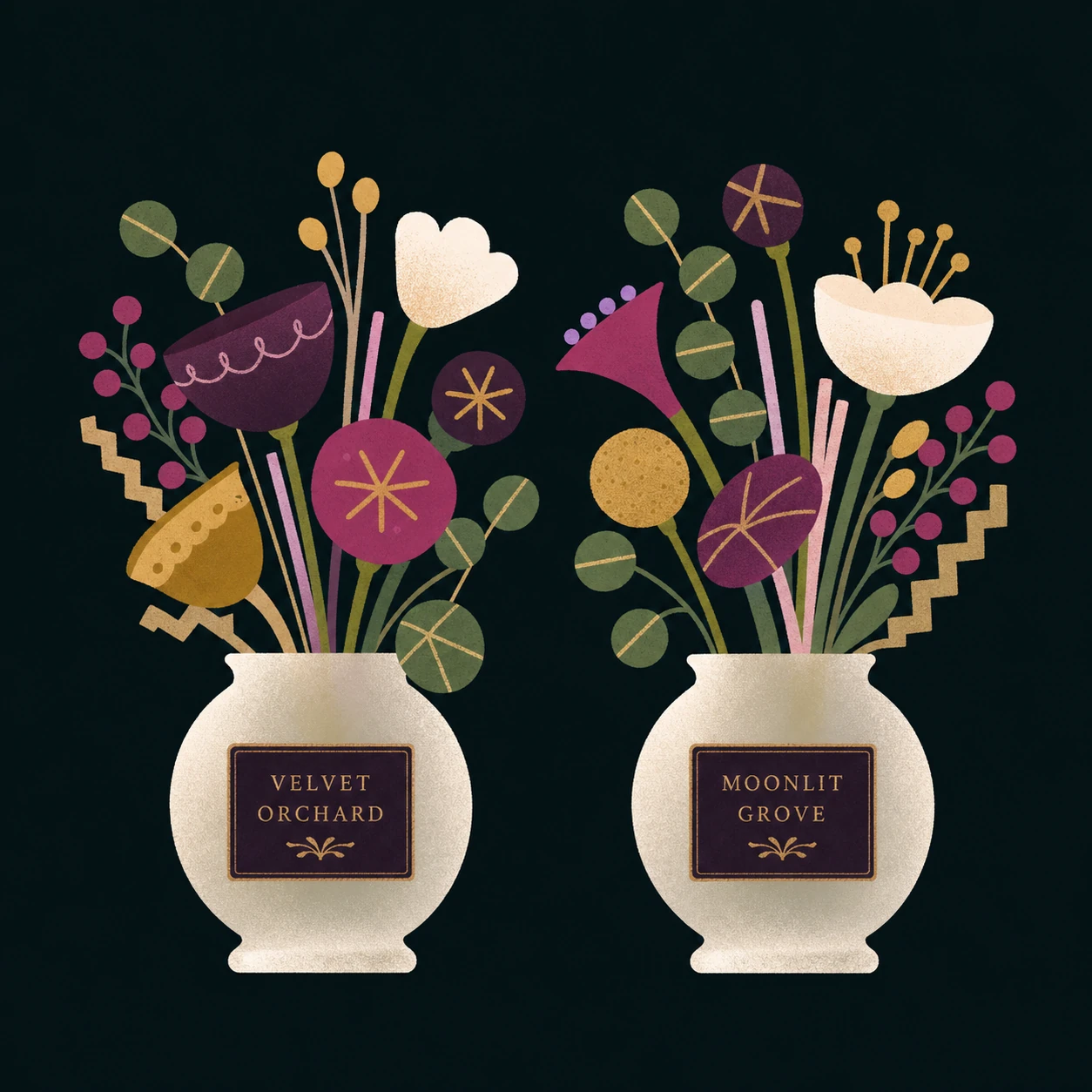 Two cream ceramic vases holding stylized floral bouquets with labeled name plaques, set against a dark background.