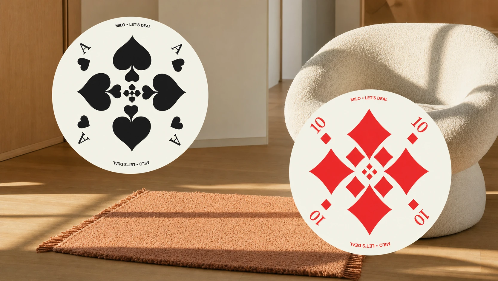 Two oversized circular playing-card discs float over a warm, sunlit minimalist interior scene.