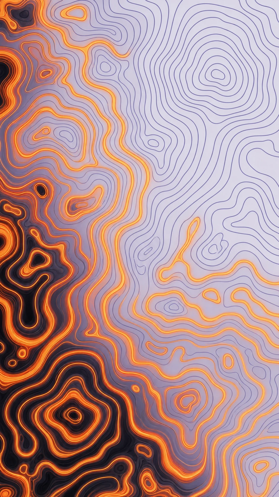 An abstract topographic line pattern that transitions from glowing molten-orange ridges to cool minimalist gray contour lines across a diagonal gradient.