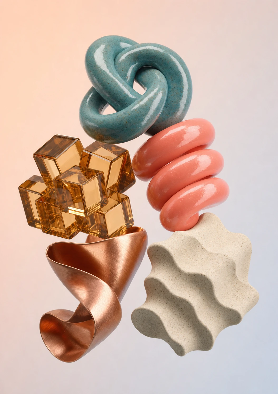 A floating cluster of five abstract 3D sculptural objects in contrasting materials and forms, arranged against a soft gradient backdrop.