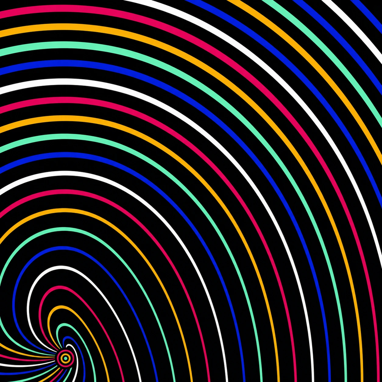 A hypnotic spiral of multicolored concentric lines radiating from a single off-center point on a black field.