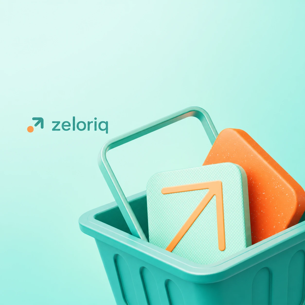 A 3D-rendered shopping basket holding rounded tiles—one bearing an upward arrow—paired with a minimal wordmark logo on a soft mint background.