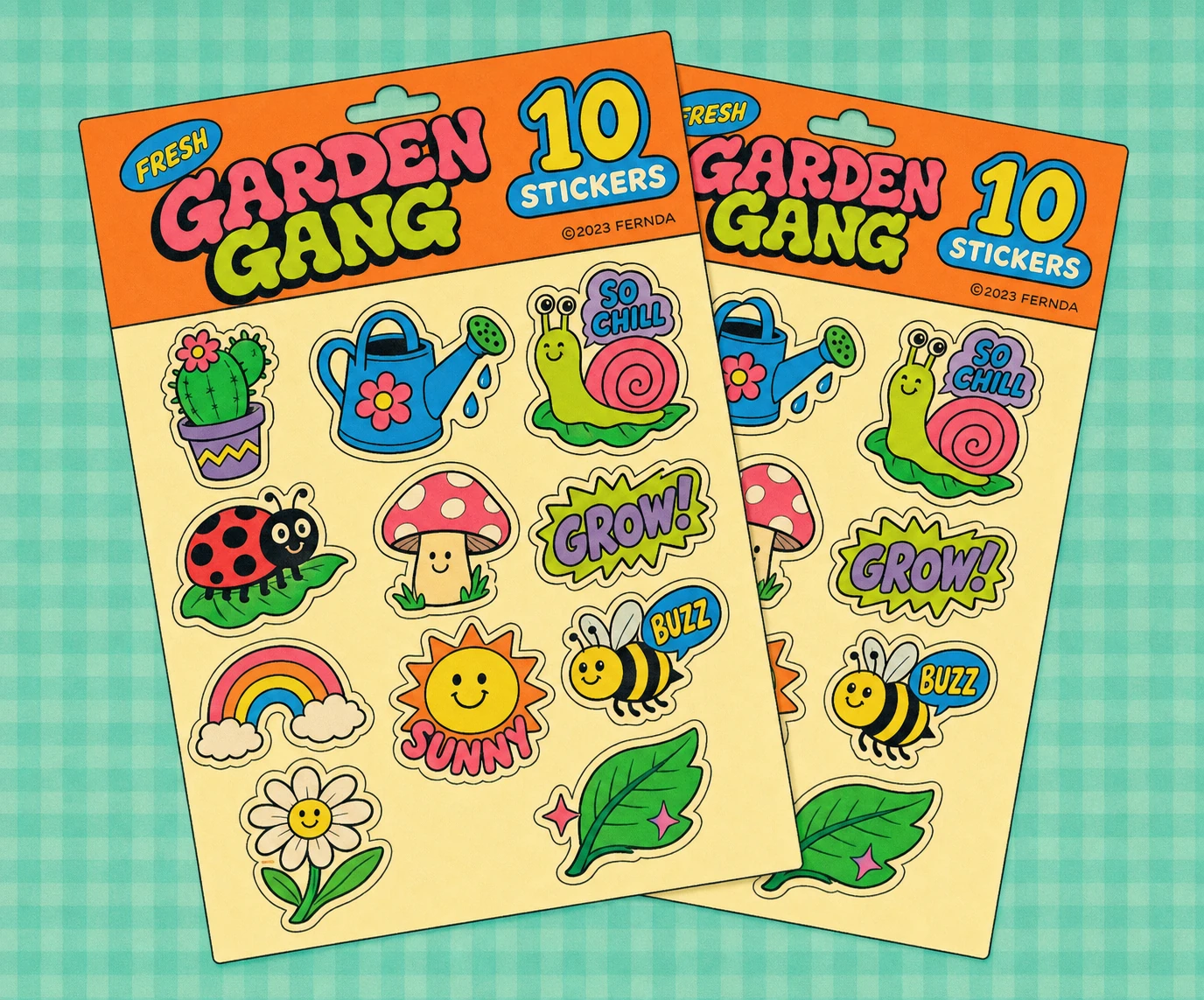 A retro-style children's sticker sheet packet featuring cute garden-themed cartoon characters and motifs.