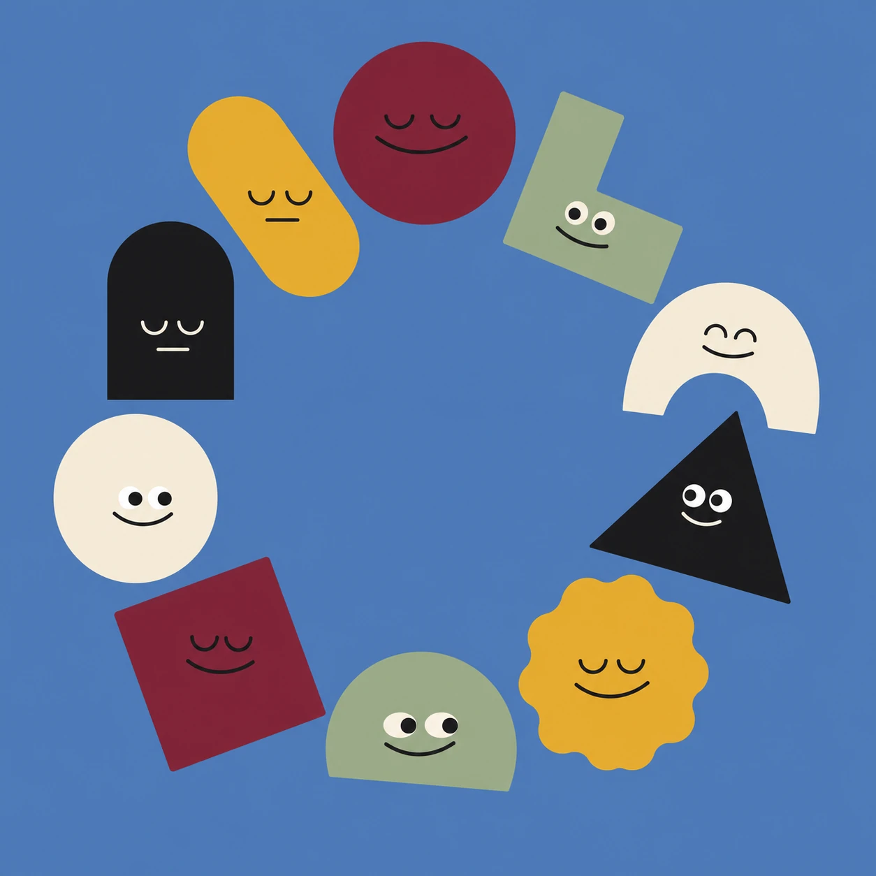A circular arrangement of simple geometric shapes with minimalist cartoon faces, each expressing a different emotion, set against a flat blue background.