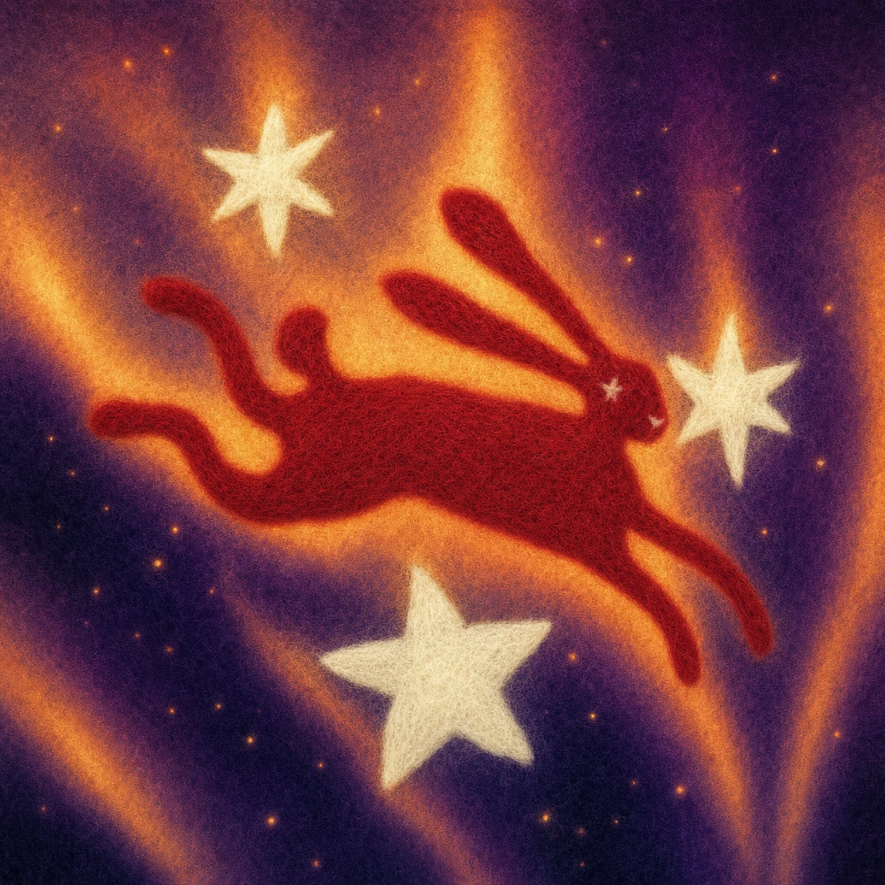 A leaping deep-red hare silhouette set against a glowing cosmic sky scattered with white stars.