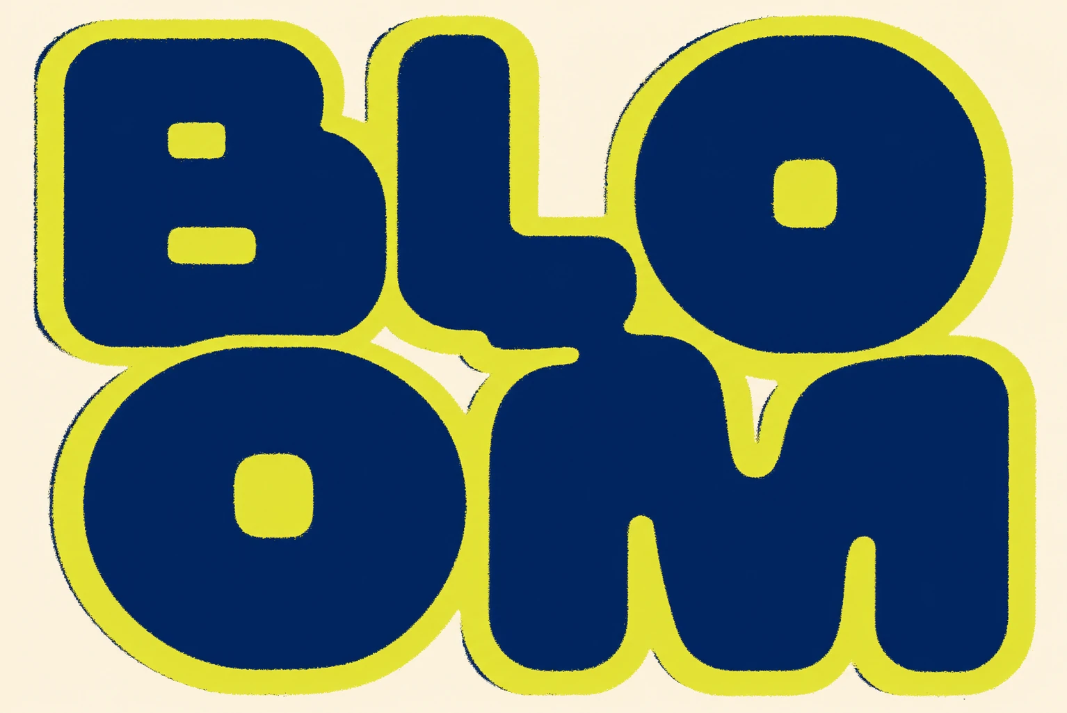 A bold typographic poster featuring a single chunky bubble-letter word stacked across two lines in navy with a lime-green outline.