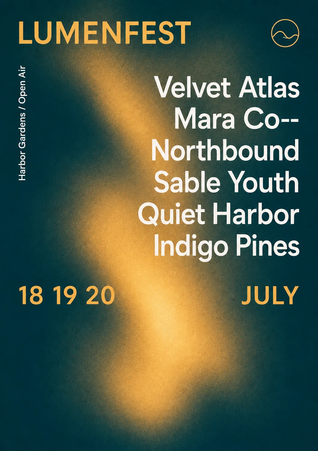 A minimalist music festival poster with a glowing amber light streak cutting through a dark teal background and clean sans-serif typography.