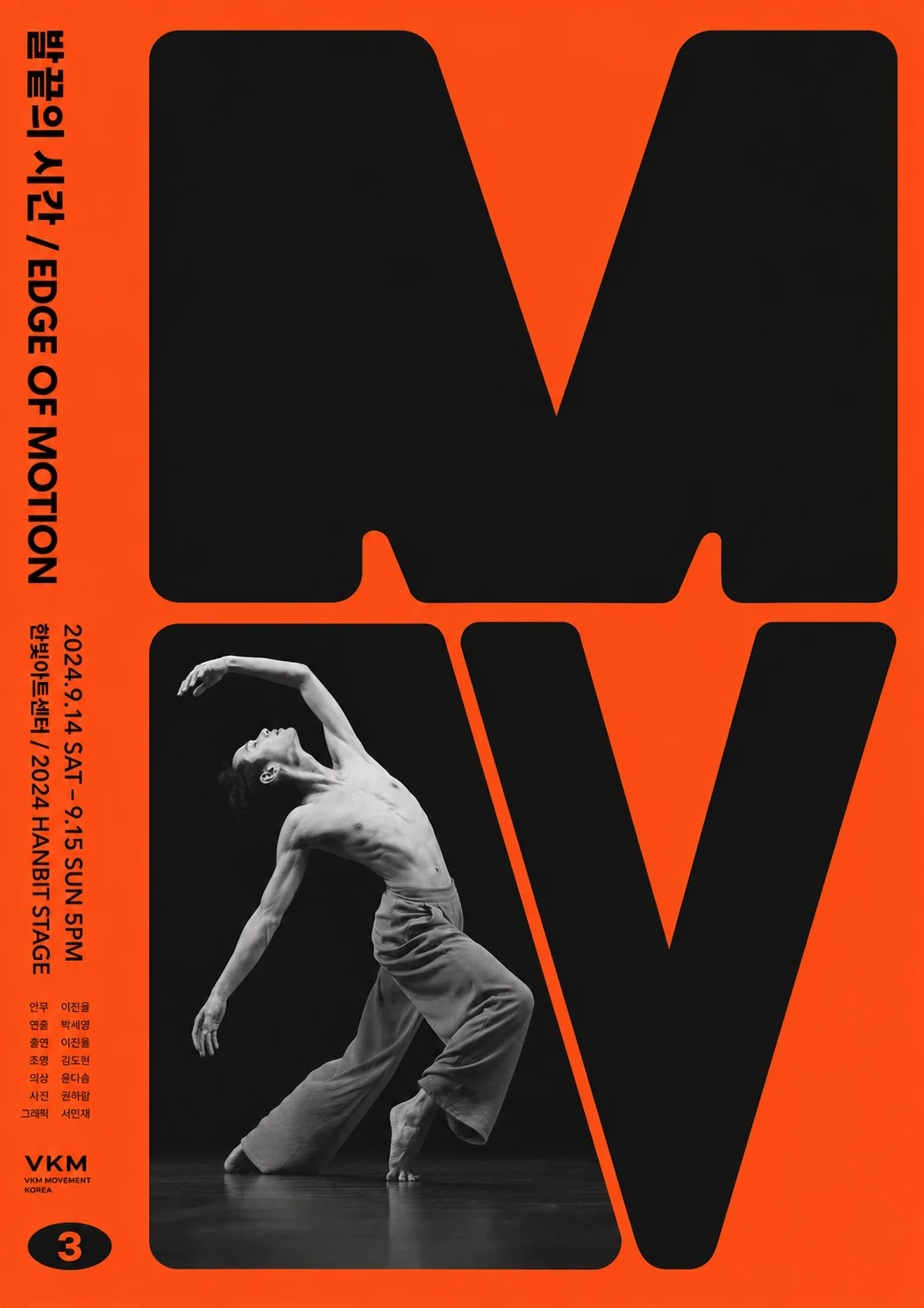 A bold contemporary dance performance poster featuring a black-and-white photograph of a dancer integrated with oversized typographic letterforms on a vivid ora