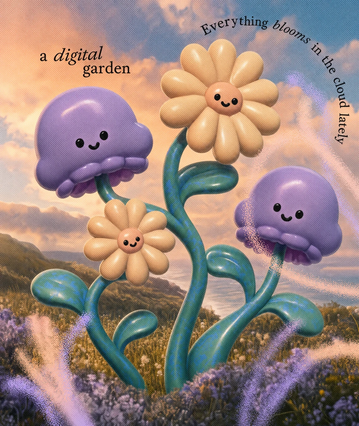A whimsical 3D illustration of smiling balloon-like flowers and cloud creatures growing in a dreamy coastal meadow at sunset.