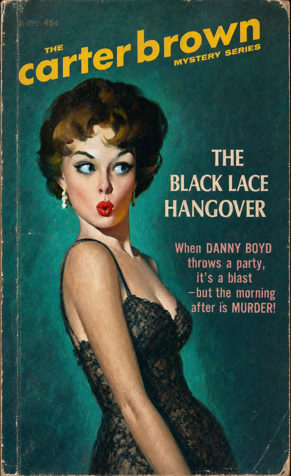 A vintage mid-century pulp paperback cover featuring a glamorous woman in a black lace dress against a teal background with stacked title typography.