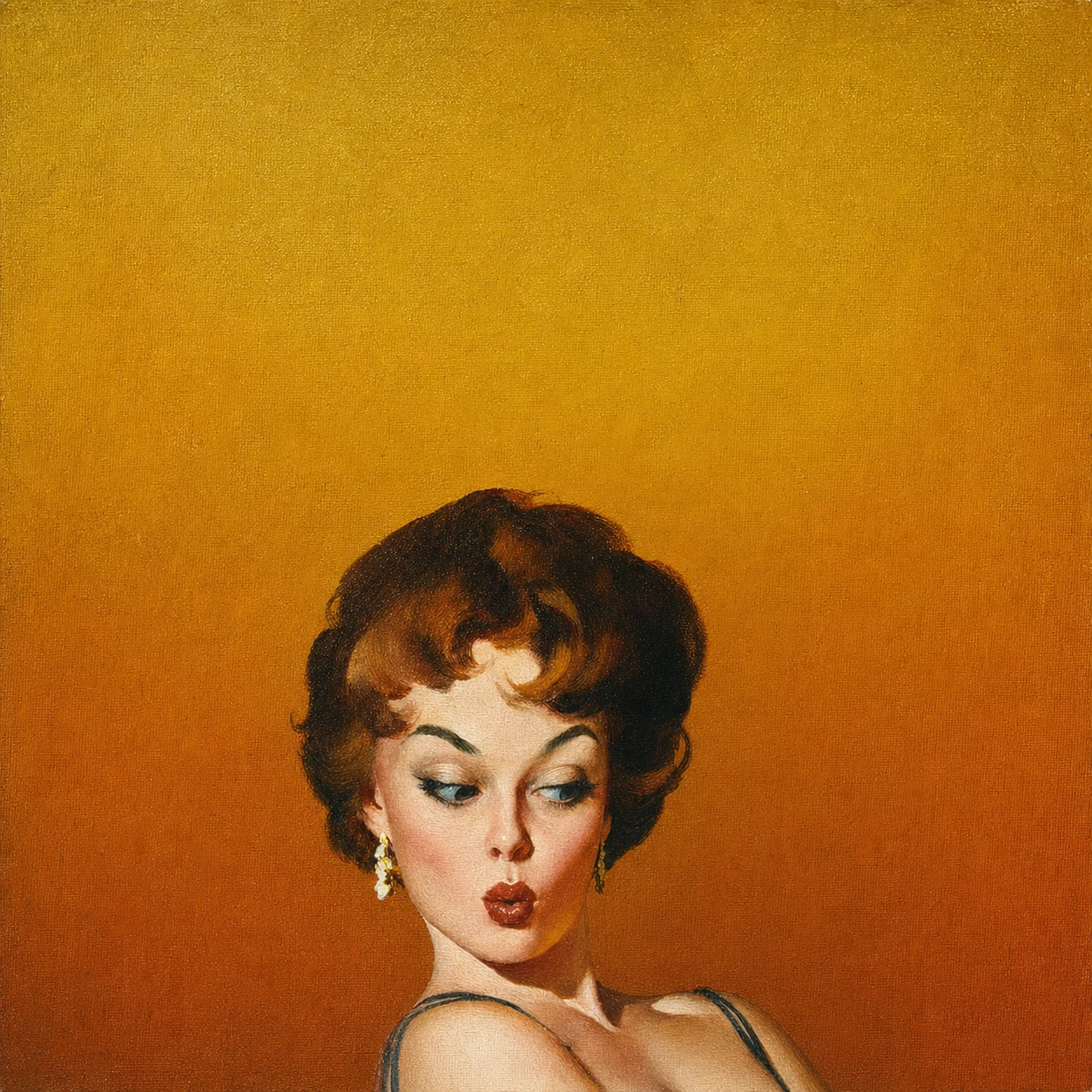 A vintage pin-up style oil portrait of a glamorous woman with auburn hair glancing demurely downward against a warm golden background.