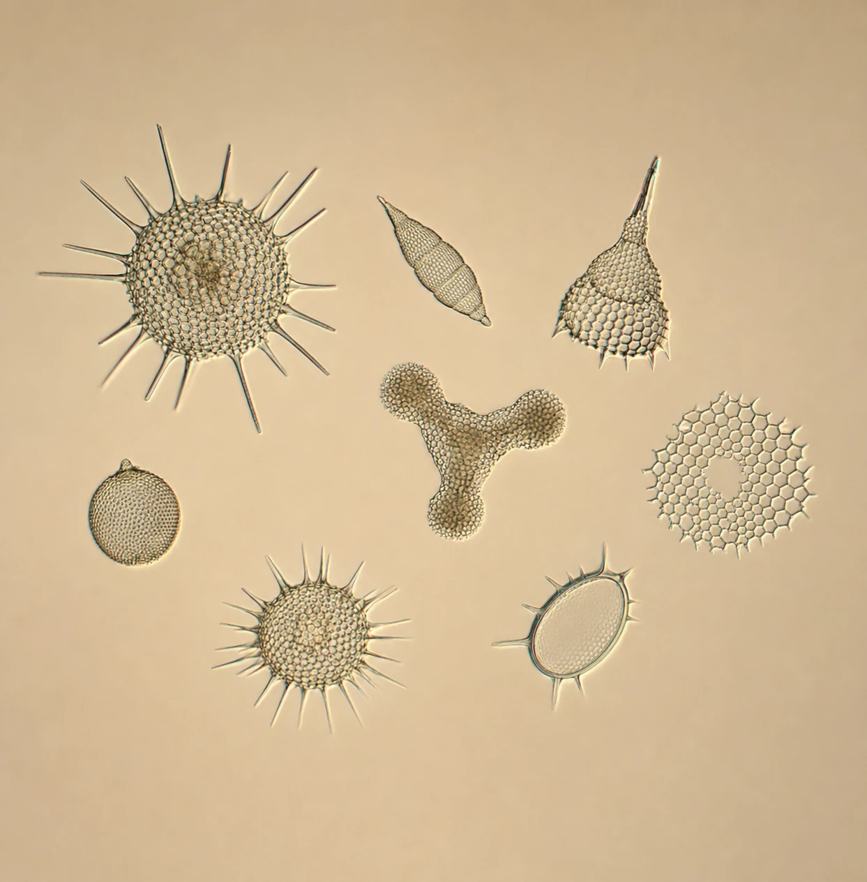 A scientific microscopy-style arrangement of intricate radiolarian and diatom microorganisms displayed against a warm neutral background.