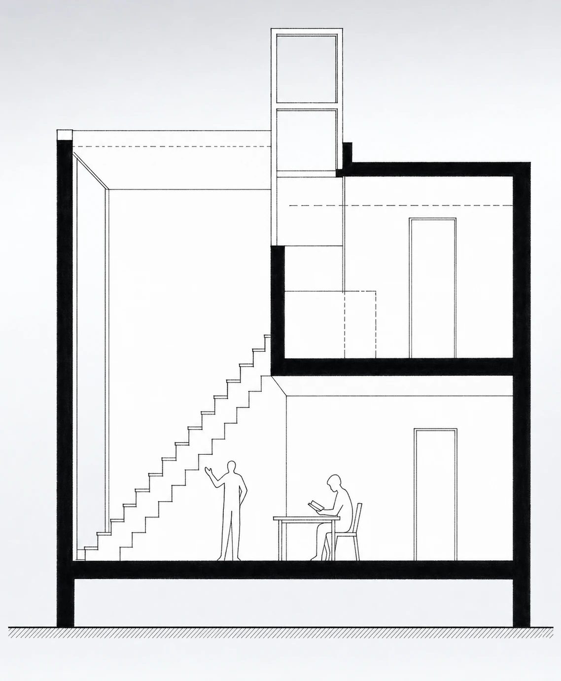 A minimalist architectural cross-section drawing of a two-story house interior with bold black walls, an internal staircase, and silhouetted human figures.